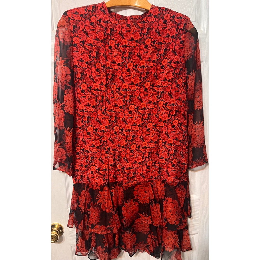 J. Harris Women Red Floral Rose Tiered Ruffle Dress Sheer Long Sleeve READ
